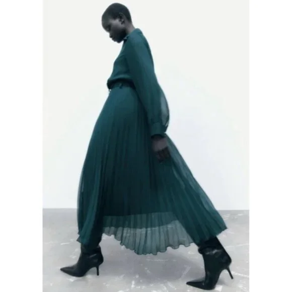 ZARA Women's Midi Dress Pleated SMALL Green Sheer Long Sleeve Collared  V-neck